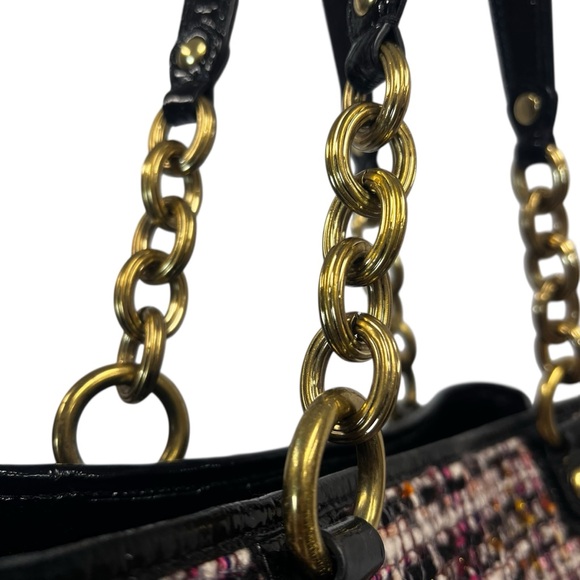 RARE COACH POPPY GALAXY TWEED TOTE PATENT LEATHER TRIM PUSHLOCK 2 TAGS & CHARM - Picture 3 of 15